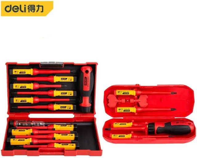 Deli Isolierte Schraubendreher-Sets mit magnetischer Spitze für Schlitz und Phillips, 1000V Elektriker-Werkzeugset, Rot, 12 Stück - Bild 1