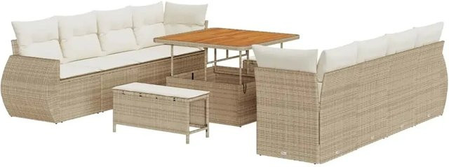 vidaXL Garten-Sofa-Set 11-teilig aus Poly-Rattan und Akazienholz in Beige-creme mit Polsterung und Tisch - Bild 1