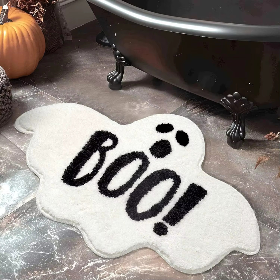 VIKAMA Halloween Teppich aus Kaschmirimitat in Weiß mit Geistergesicht, Kürbis und Fledermausform für die Eingangshalle und Heimdekoration - Bild 1