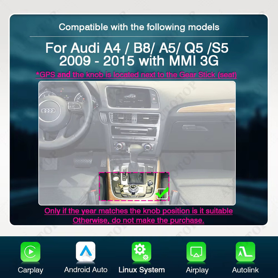 AUTOTOP Wireless CarPlay und Android Auto Multimedia Interface für Audi A4 B8, A5, S4, S5, Q5 MMI 3G (2009-2018) mit Mirror Link und AirPlay in Schwarz - Bild 2