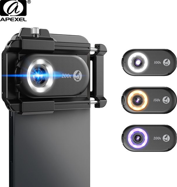 APEXEL 3-in-1 Makro-Objektiv-Set für Smartphones mit 100X-200X Mikroskop-Vergrößerung und LED-Licht in Schwarz - Bild 1