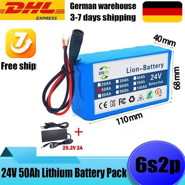 LOLRKO 24V 6S2P 50000mAh 18650 Lithium-Akku mit BMS in Blau für Elektromotoren und Campingausrüstung - Bild 1