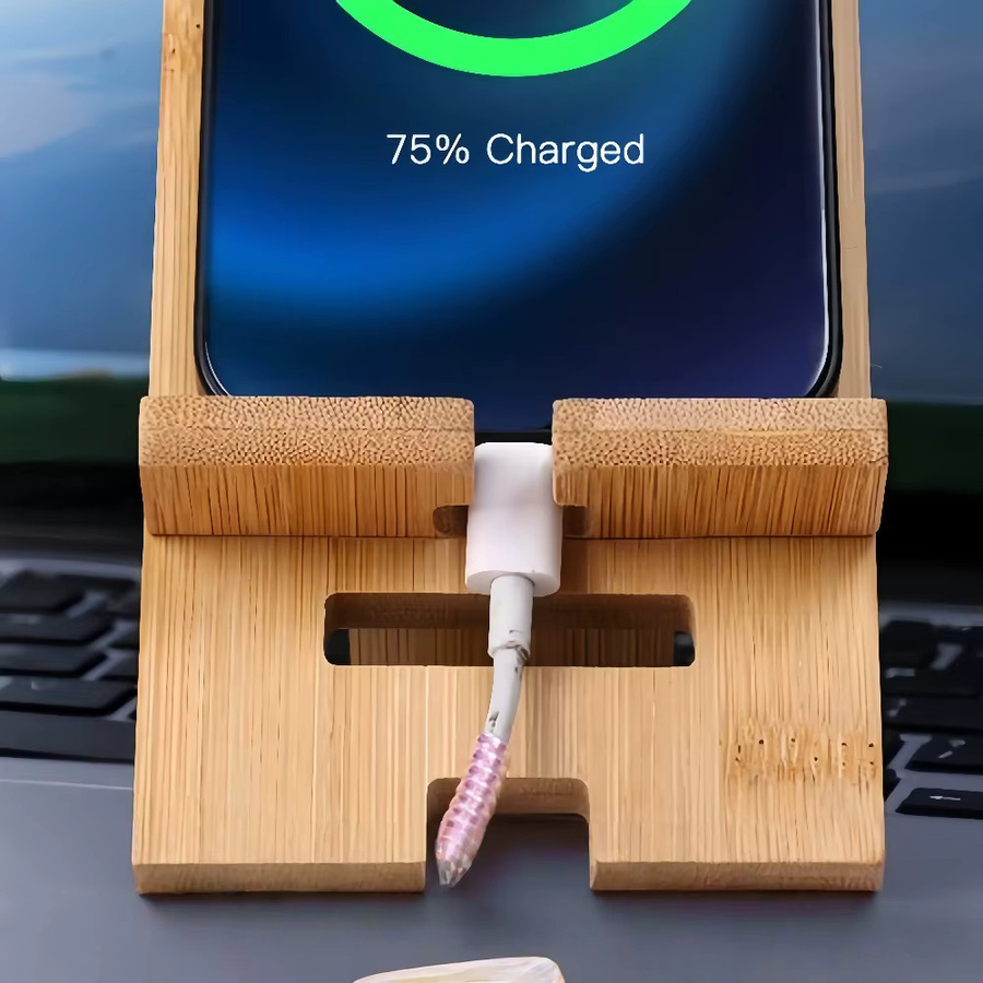 Verstellbarer Desktop-Handyhalter aus Bambus in Braun, praktischer Smartphone-Ladeständer aus Holz und multifunktionale Telefonhalterung - Bild 3