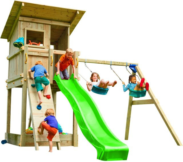 Spielturmking Spielturm BEACH HUT, mit Rutsche, Doppelschaukel, Kletterwand, Grün - Bild 1