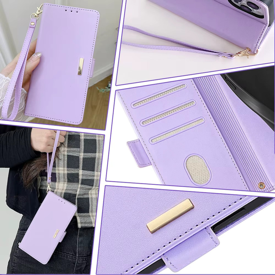 AIMONCASE Leder Flip Handyhülle für iPhone 16 Pro Max und 16 Plus mit Kartenfächern und Riemen in Pink oder Purple - Bild 2