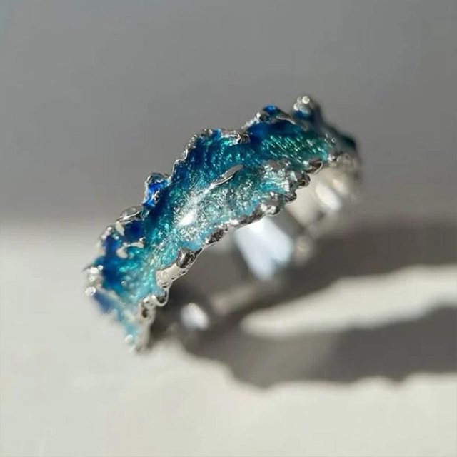 Huitan Ringe, Ozeanwelle, Blaue Emaille, Messing, Damen - Bild 1