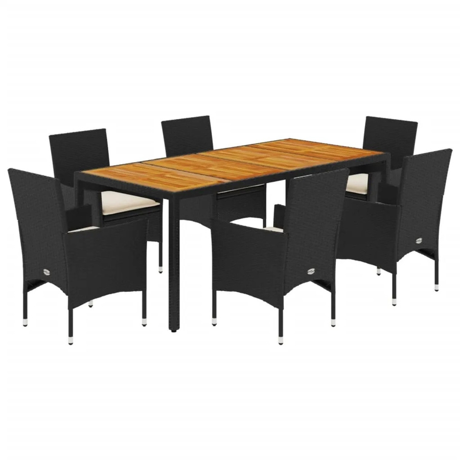 vidaXL 7-teilige Garten-Essgruppe aus Poly-Rattan und Akazienholz in Schwarz mit cremeweißen Kissen - Bild 2