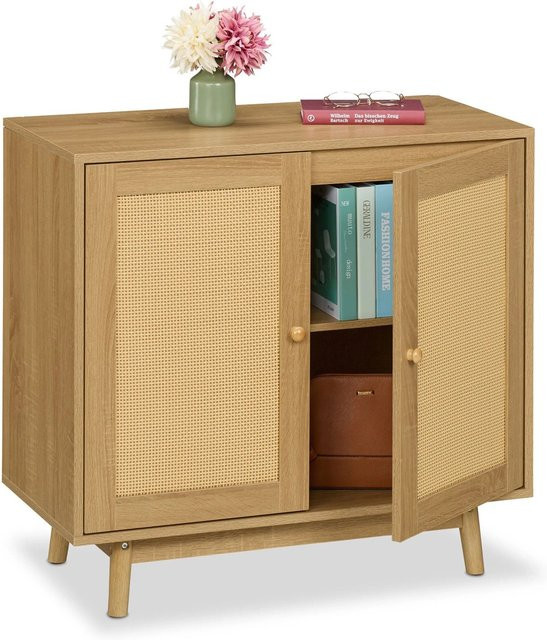 Relaxdays Sideboard aus MDF in Natur mit Rattanoptik und 2 Türen, B/T/H: 80 x 40 x 75 cm - Bild 1
