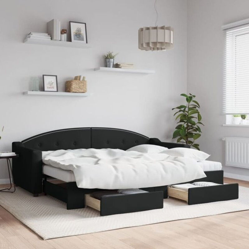 Ausziehbares Funktionsbett Vidaxl mit Schubladen in Schwarz aus Stoff und Metall, B/T/H: 80 x 200 cm - Bild 1