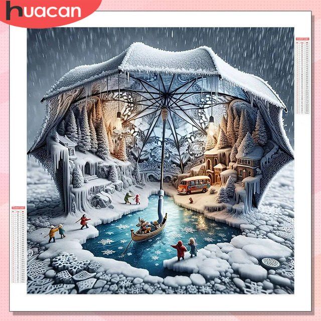 HUACAN 5D Diamantmalerei Winter Landschaft mit Regenschirm als runde Diamant Mosaik Wanddekoration - Bild 1