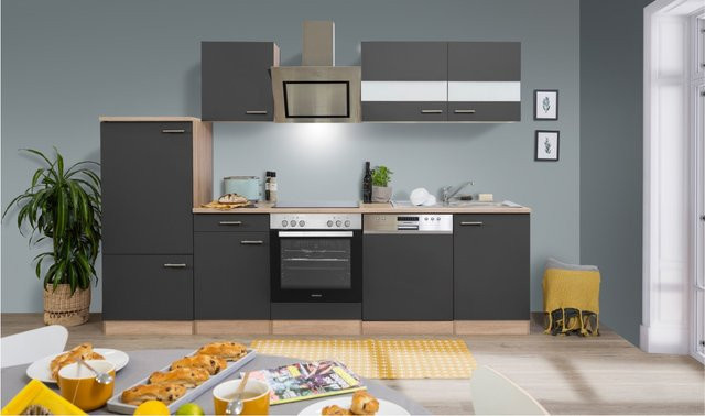 Respekta Economy Küchenzeile KB280ESGSC mit Kühlschrank und Geschirrspüler in Grau-Eiche Sägerau, Breite: 280 cm, Höhe: 200 cm, Tiefe: 60 cm - Bild 1