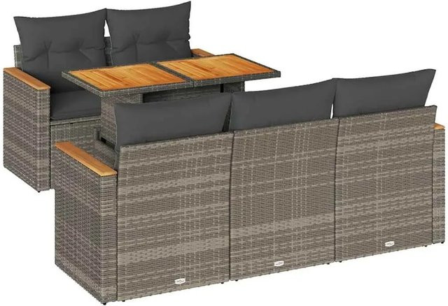 vidaXL 6-teilige Garten-Sofagarnitur aus Poly-Rattan und Akazienholz in Grau mit Kissen - Bild 1