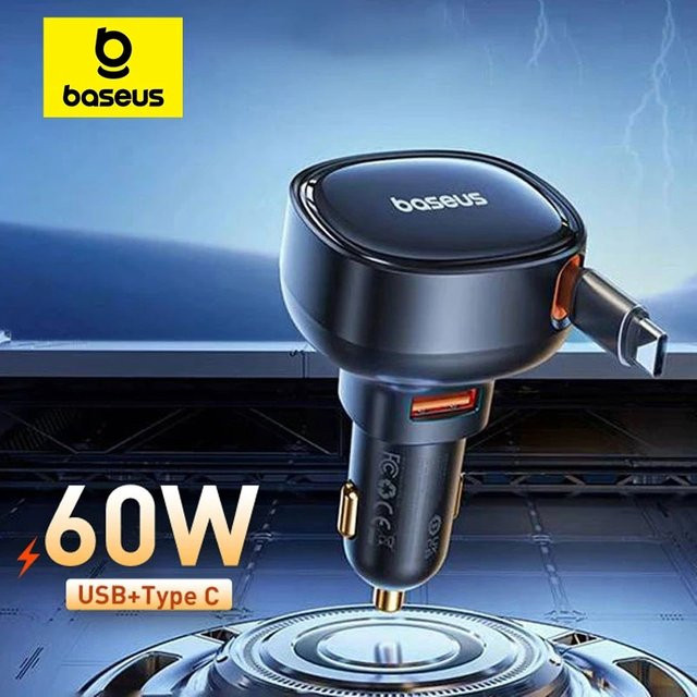Baseus 60W 2 in 1 Autoladegerät mit einziehbarem Kabel in Schwarz, unterstützt SCP 25W, QC und PD 30W für schnelles Laden von iPhone, Samsung und iPad - Bild 1