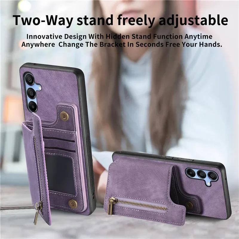 Retro Leder Handyhülle mit Reißverschluss und Geldbörse für Samsung Galaxy A-Serie in Lila - Bild 4
