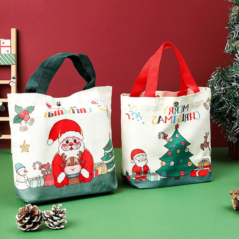2er-Set Weihnachtstaschen aus Leinwand mit Cartoon Santa Claus und Weihnachtsbaum Motiv in Mehrfarbig - Bild 3