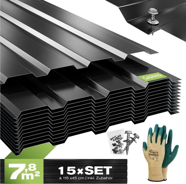 GARMIO Profilblech Amalfi 115 Trapezblech Set aus verzinktem Stahl in Schwarz, 15 Stück, B: 45 cm, H: 115 cm - Bild 1