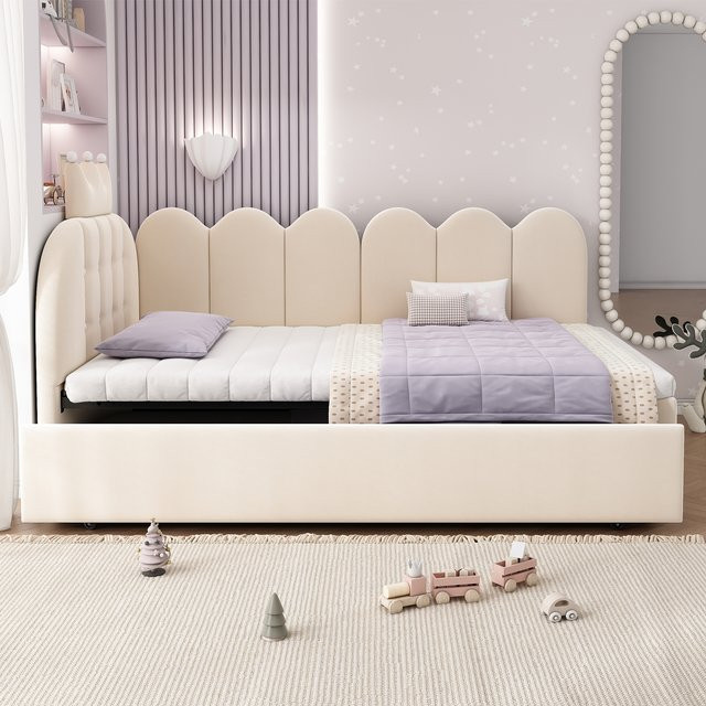 KOMHTOM L-förmiges Samt-Schlafsofa mit Ausziehbett und Kronen-Gitter-Design, Farbe: Pink/Weiß, B/T/H: 90 x 200 cm - Bild 1