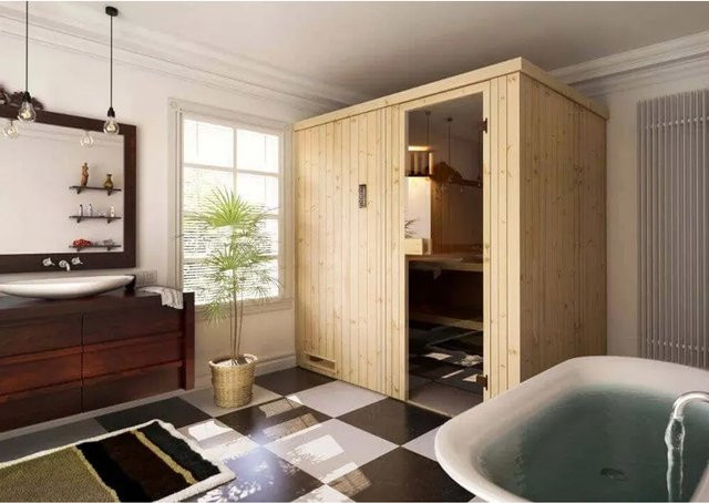 Finntherm Sauna Cenik Natur in Holzoptik mit Glas, Farbe Beige/Braun, B/T/H: 194 x 144 cm, Wandstärke 40 mm - Bild 1