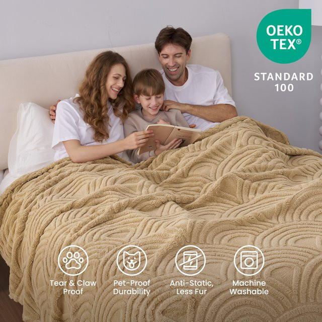 TEXSTEAD Fleece-Decke mit modernem geometrischem Bogen-Design, ultra-weiche Plüschdecke in Multicolour, Weiß und Beige, Breite: 152 cm, Tiefe: 127 cm - Bild 1