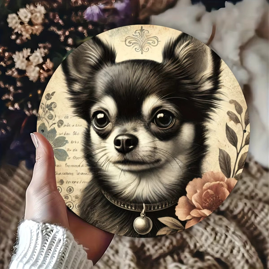 Rundes Aluminiumschild Potdemiel im Vintage-Stil mit Chihuahua-Blumendruck als Wanddekoration aus Metall, Durchmesser: 20 cm, Mehrfarbig - Bild 4