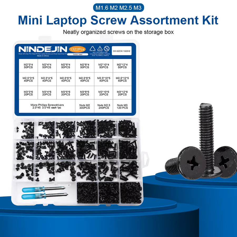 NINDEJIN Laptop-Schraubensatz mit Muttern in Schwarz für Samsung, HP, Dell und Lenovo, Größen M1,6, M2, M2,5 und M3 mit ultradünnem Kopf - Bild 3