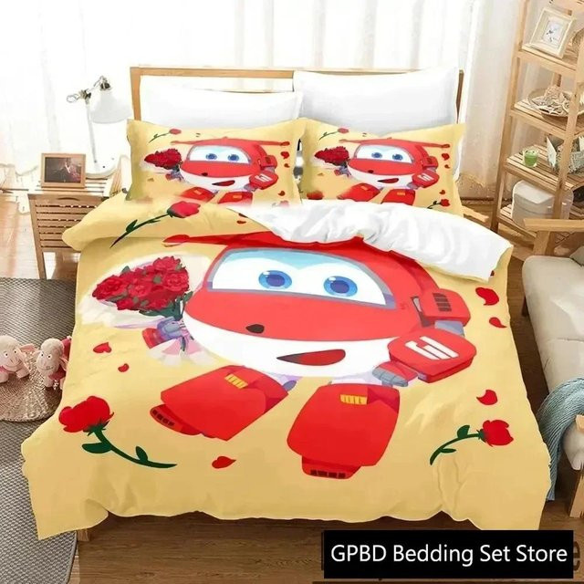 Somelli Bettwäsche-Set mit 3D-Cartoon-Flügel-Motiv und Fahrzeug-Grafik in Rot, bestehend aus Bettbezug und Kissenbezug, B/H: 240 x 210 cm - Bild 1