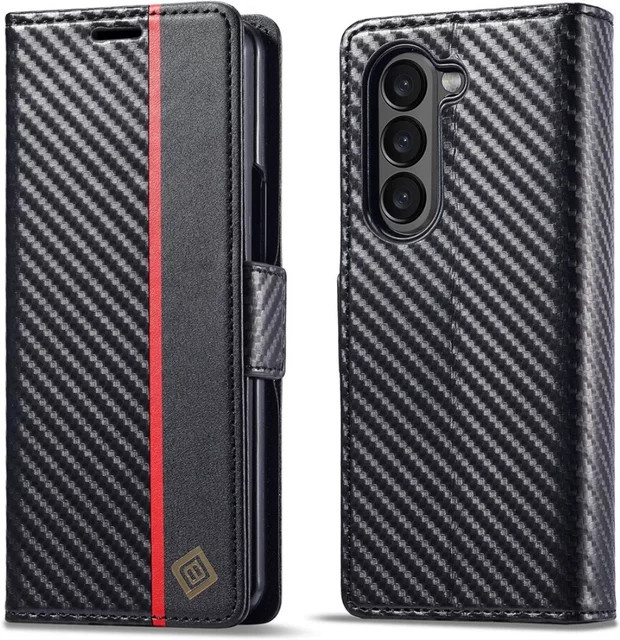 Samsung Flip Wallet Handyhülle aus Carbon Fiber und PU Leder mit Kartenhalter für Galaxy Z Fold 7 6 5 4 3 5G in Schwarz - Bild 1