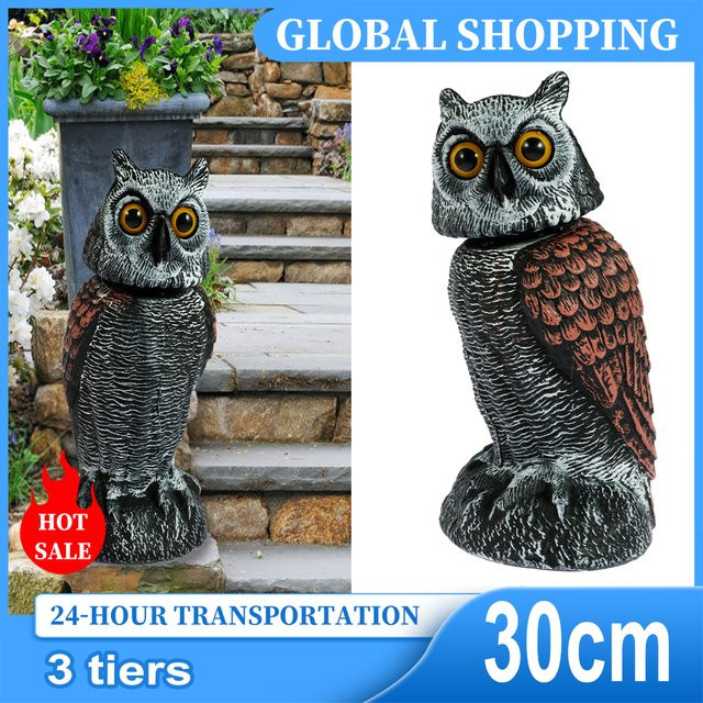 Lockvogel Eule aus Kunststoff und Ton mit 360 Grad rotierendem Kopf als Vogelscheuche für den Garten und Außenbereich - Bild 1