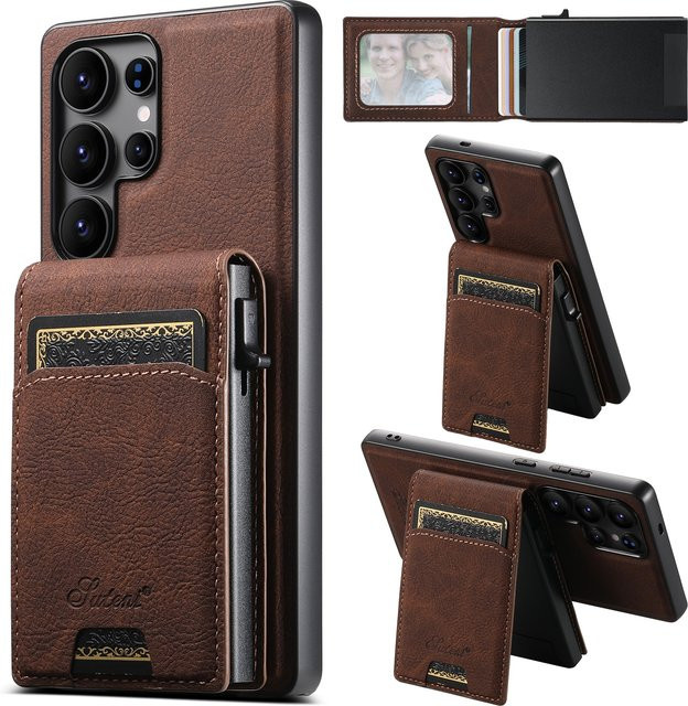 SUTENI Luxus PU Leder Brieftasche Handyhülle mit Magnetischem kabellosem Laden und Kartenfach für Samsung S26 Ultra und Samsung S25 Plus in Schwarz oder Braun - Bild 1