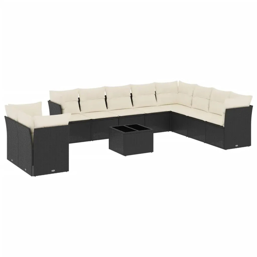 vidaXL 11-tlg. Garten-Sofagarnitur in L-Form mit Kissen und Couchtisch, Schwarz, Poly-Rattan und pulverbeschichtetem Stahl - Bild 2