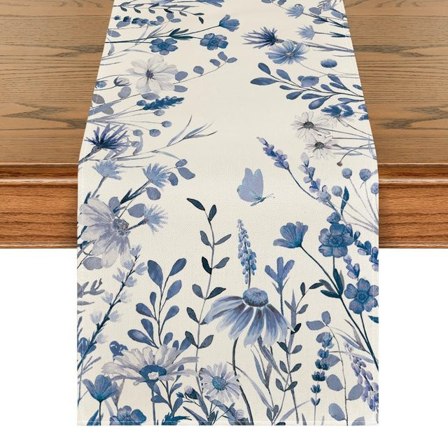 JINGYUE Pet Tischläufer aus Leinen mit blauem Blumenmuster, B/H: 150 x 33 cm - Bild 1