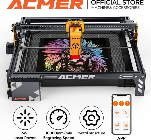 ACMER P1 S Pro Laser-Graviergerät mit 6W Leistung, WLAN und Offline-Steuerung, Dioden-CNC-Maschine für Holzbearbeitung, Schwarz - Bild 1