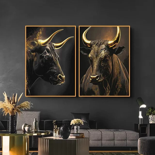 Potdemiel Retro Bull Trader Börsenmarkt Kunstposter Goldener Stil Diamantmalerei als Wanddeko für dein Wohnzimmer oder Büro - Bild 1