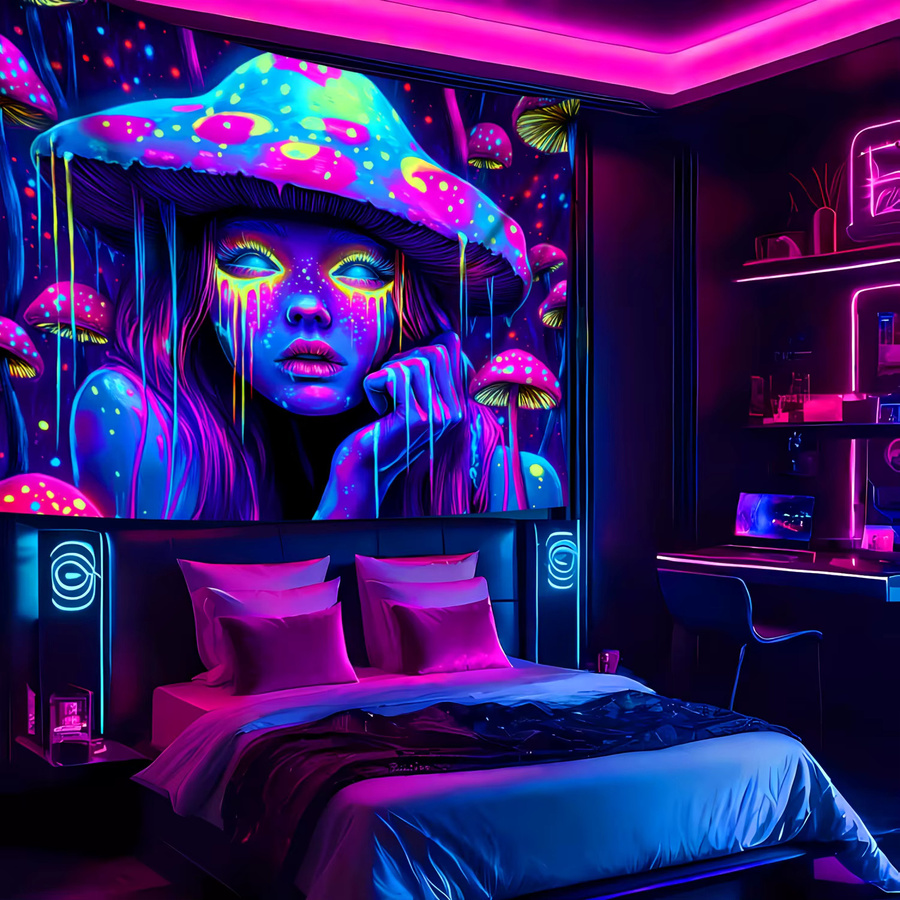 VIKAMA Psychedelic Mushroom Girl Wandteppich, Schwarzlicht-reaktiver Wandbehang in Multicolour, B/H: 60 x 40 cm - Bild 2