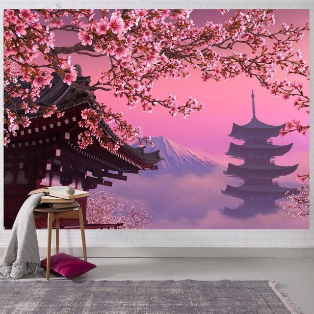 JMG Household Supplies Wandteppich mit Kirschblüten, japanischem Tempel und Pagode am Berg Fuji, Farbe: Pink, Breite: 150 cm, Höhe: 180 cm - Bild 1