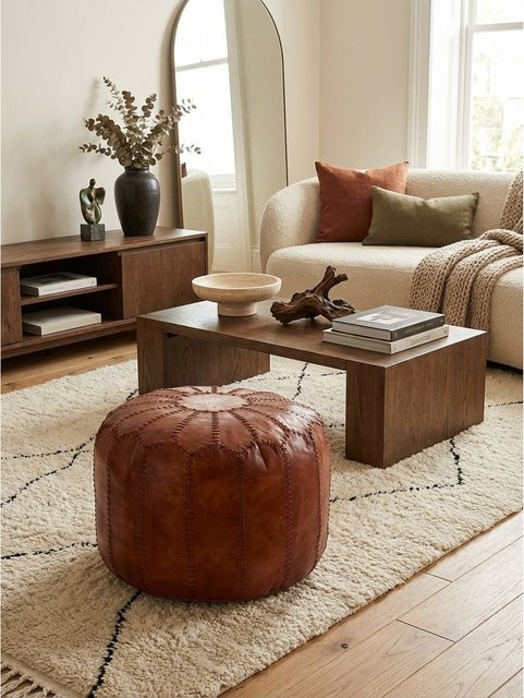 Sitzhocker KADIMA DESIGN aus Echtleder in Braun mit orientalischem Design, B/T/H: 52 x 40 x 52 cm - Bild 1