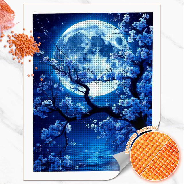 Huacan 5D-Diamantgemälde Set Mond und Pflaumenblütenbaum in Blau, Landschafts-Mosaik mit runden Strasssteinen, B/H: 20 x 30 cm - Bild 1