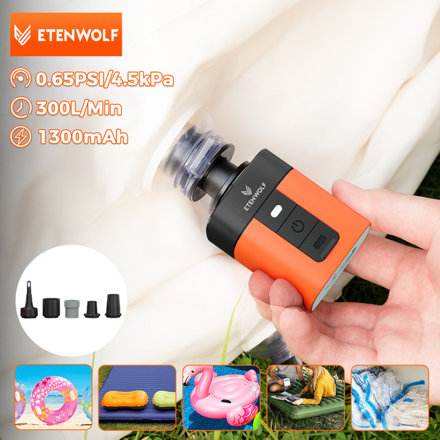 ETENWOLF AIR 3SE Elektrische Luftpumpe mit Camping-Licht in Orange, 1300 mAh Außenpumpe für Luftmatratzen, Pool und Isomatten - Bild 1