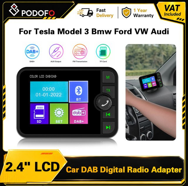 Podofo DAB+ Digitalradio für das Auto mit Bluetooth, MP3 und Farbgrafik-Display in Schwarz - Bild 1