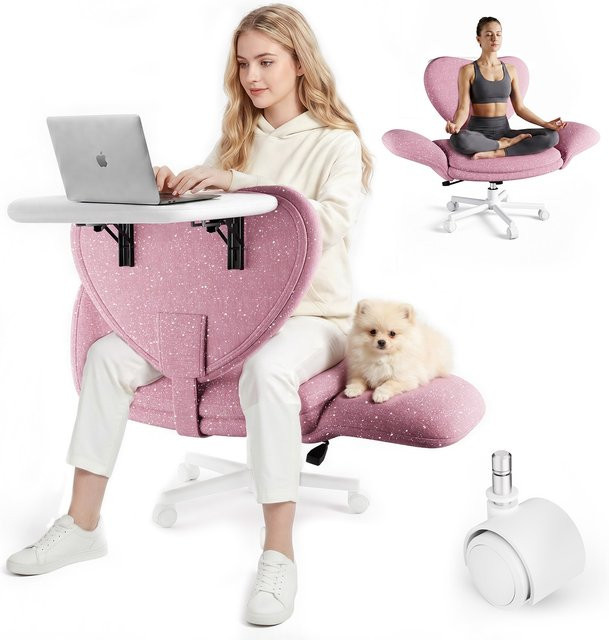 Patbrela Herzförmiger Loungesessel mit klappbarem Laptoptisch, drehbarer Stoff-Freizeitstuhl und Höhenverstellung, Farbe: Pink/Schwarz - Bild 1