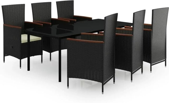 vidaXL 7-teilige Garten-Essgruppe aus PE-Rattan und Akazienholz in Schwarz mit Glasplatte und Kissen - Bild 1