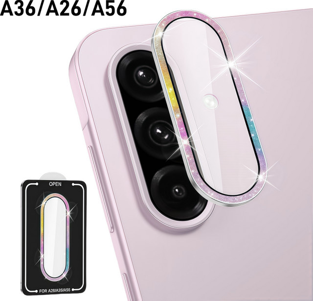 Glitzer Metall Ring Kamera Schutzfolie aus gehärtetem Glas für Samsung Galaxy A56 A36 A26 in Pink und Multicolour - Bild 1