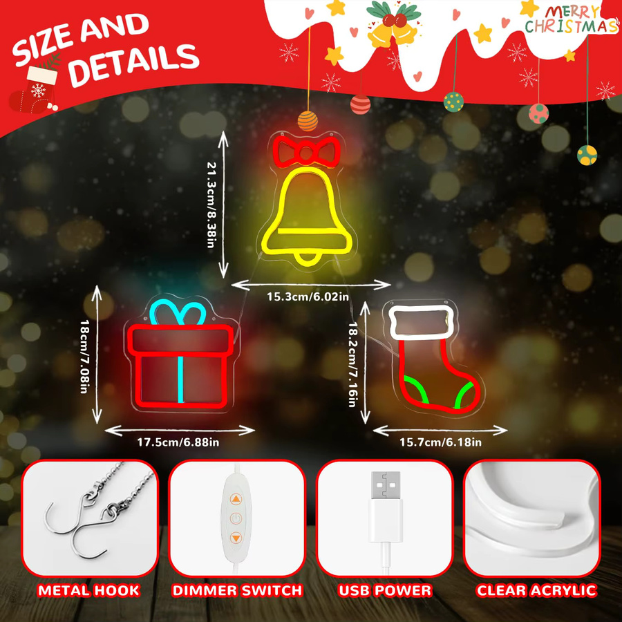 3-teiliges Weihnachts-Leuchtschild für Fenster und Wanddekoration mit Glocken, Geschenkbox und Weihnachtsmann-Strumpf, dimmbar, mehrfarbig - Bild 3