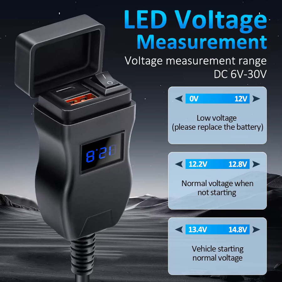 Wasserdichtes Motorrad USB Schnellladegerät mit USB Typ C, 12V Netzteil Adapter und Voltmeter in Schwarz oder Blau - Bild 2