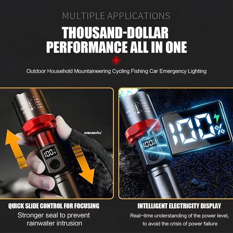 Heinast Taktische LED-Taschenlampe in Schwarz mit Display und USB-Aufladung für Camping und Angeln - Bild 2