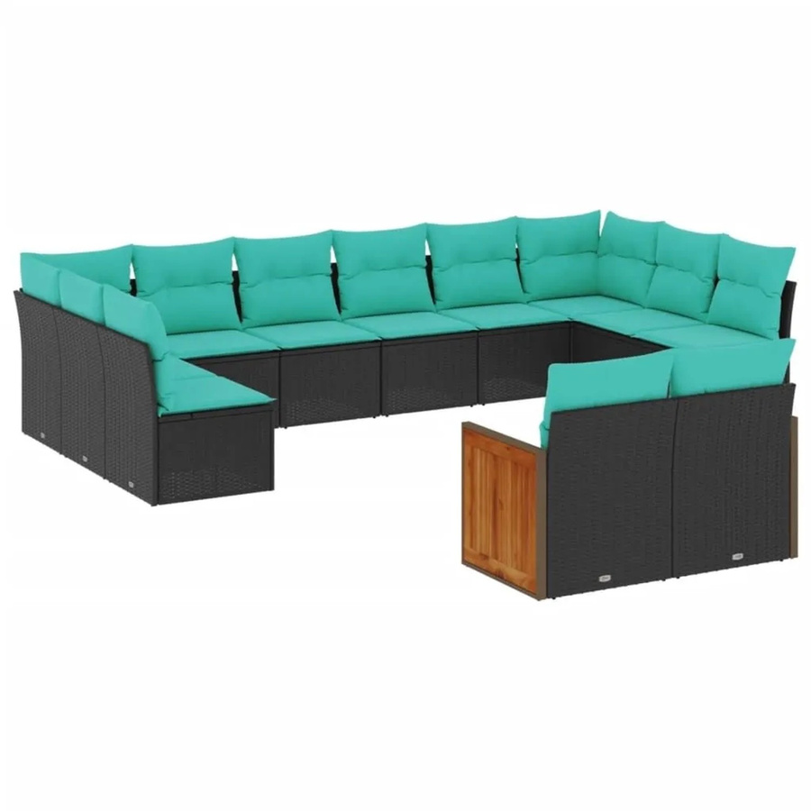vidaXL 12-tlg. Gartensofa-Set in U-Form aus Polyrattan und Akazienholz mit Kissen in Schwarz und Blau - Bild 2