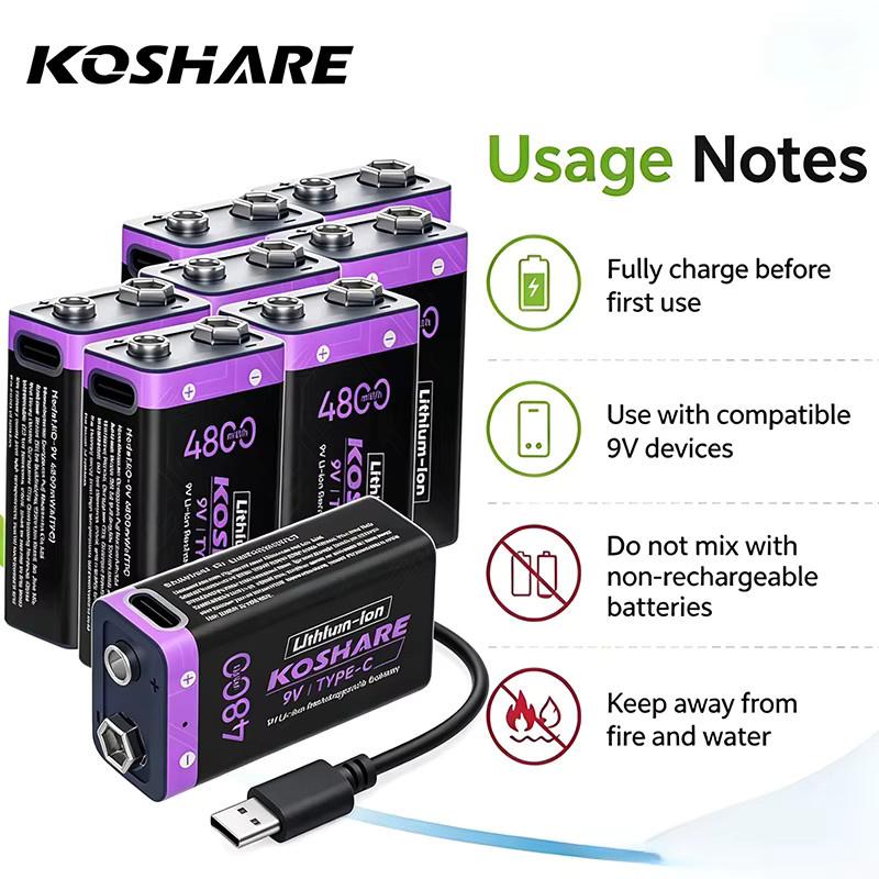 KOSHARE 9V Li-Ion-Akku mit USB Typ-C, wiederaufladbare 6F22 Lithium-Batterie mit 4800 mWh für Mikrofone, Rauchmelder und Spielzeug - Bild 2