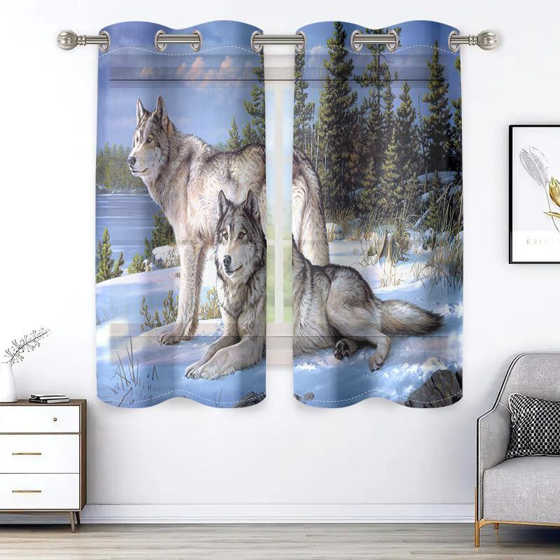 2er-Set halbverdunkelnde Ösenvorhänge mit Schneewolf-Muster in Multicolour, Breite: 150 cm, Höhe: 166 cm - Bild 2