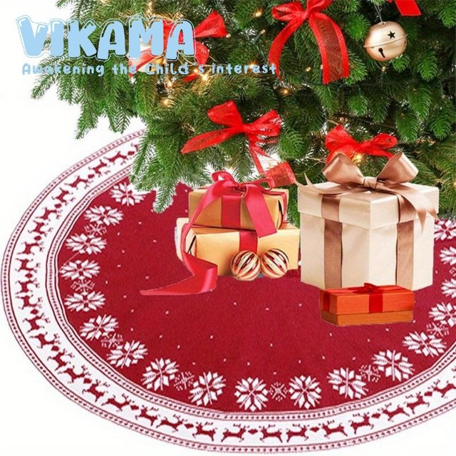 VIKAMA Weihnachtsbaumrock in Rot mit Schneeflocken- und Rentiermuster aus Strick für deine Weihnachts- und Neujahrsdekoration - Bild 1