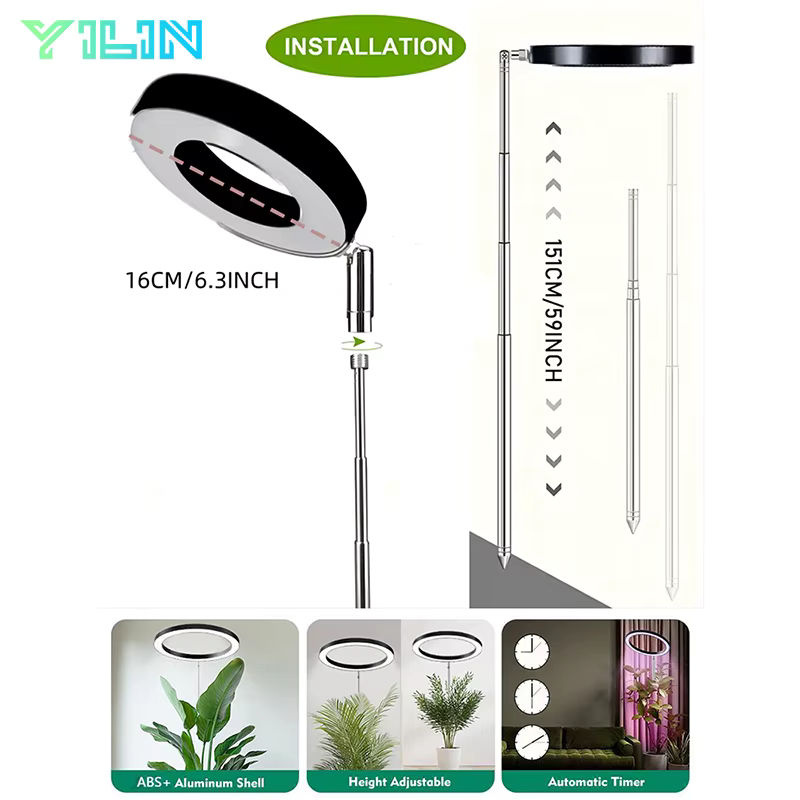 YILIN LED-Pflanzenwachstumslampe Vollspektrum in Schwarz mit höhenverstellbarem Ring und Timer für Zimmerpflanzen, Höhe: 16 cm - Bild 3